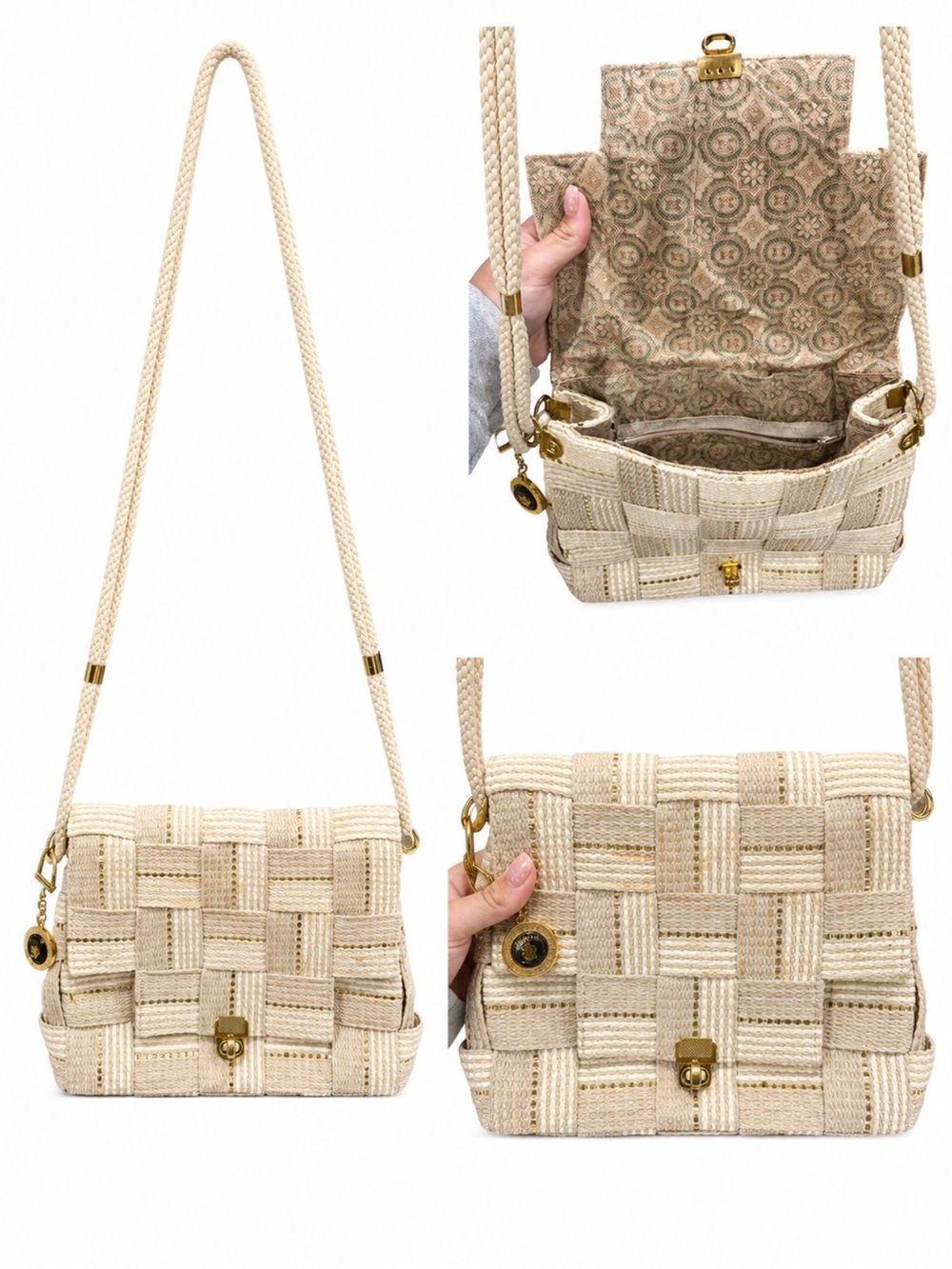 Woven Straw Crossbody Bag in Cream - Lightweight Shoulder Purse ADOLFO